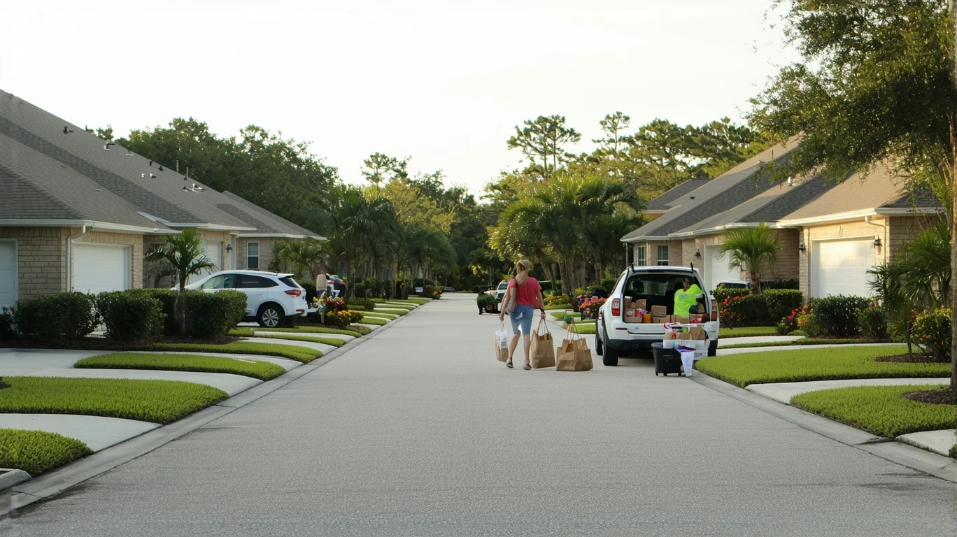 A couple unloading groceries from their car in the driveway of a modest stucco home on a sunny suburban street in Valrico, Florida.