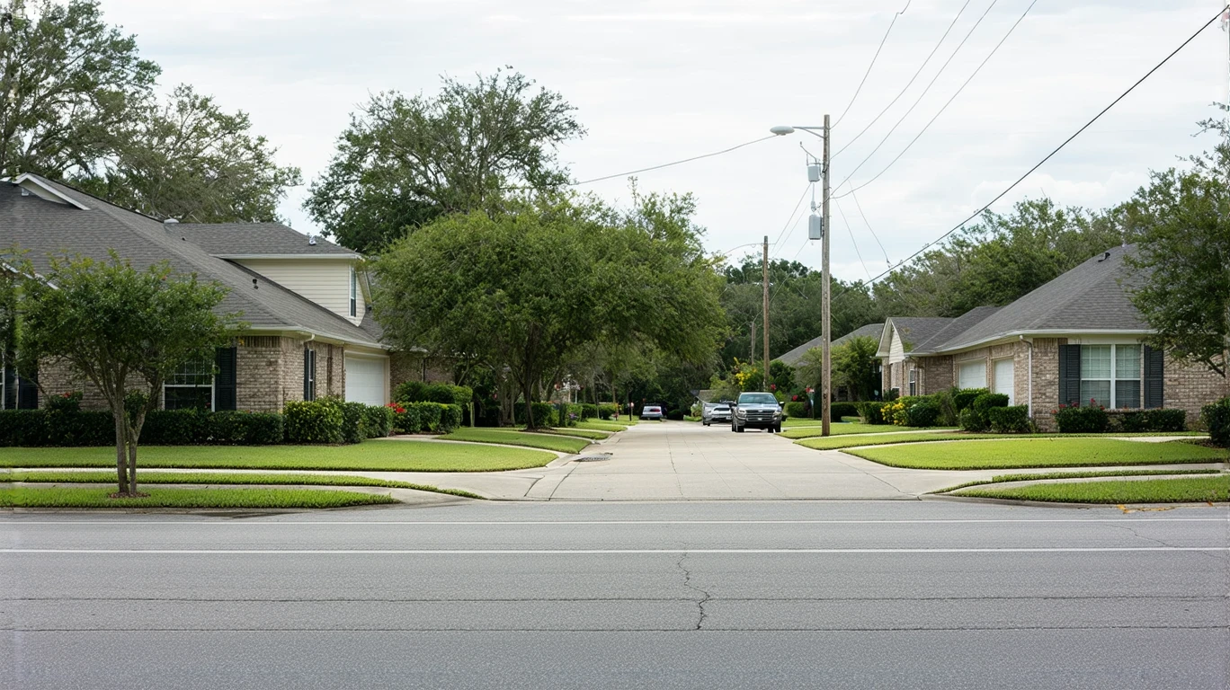 A residential street corner in Lakeland with patchy grass and an older car parked at the curb.