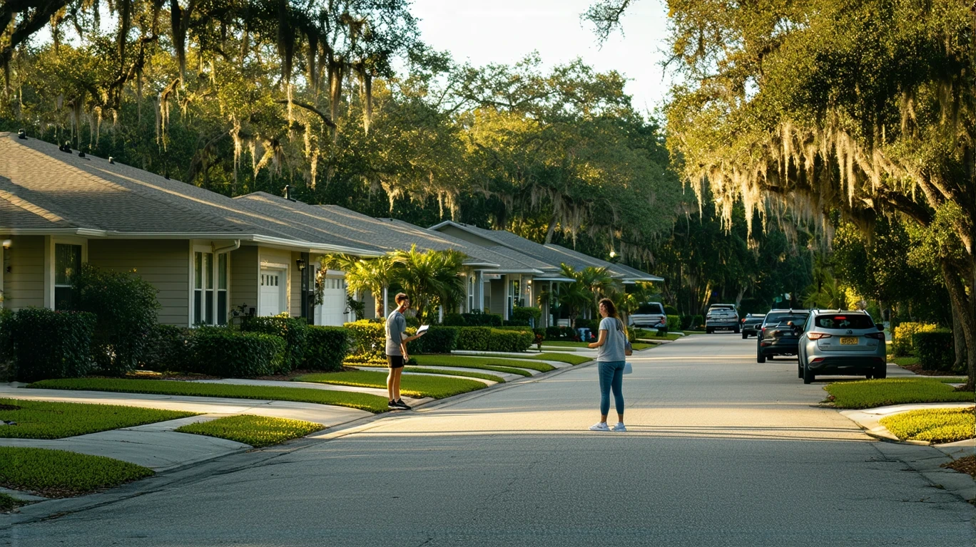 A woman standing on her front porch in a suburban Valrico neighborhood, checking her mail near a sprinkler watering the lawn.