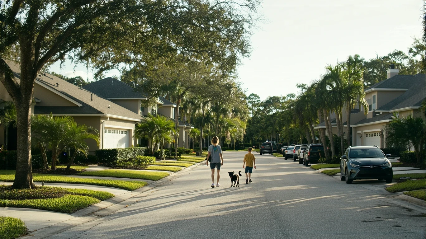 A sunny suburban street in Valrico, Florida lined with modest stucco homes and palm trees. A woman walks her dog past a skateboarding teenager on the sidewalk.