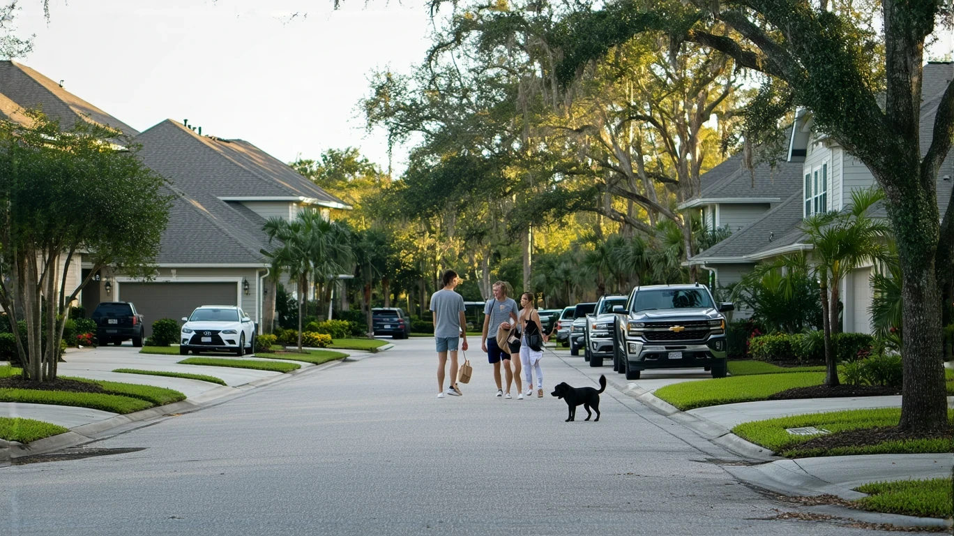A couple walking their dog on a sidewalk in a residential Valrico neighborhood, with craftsman-style homes and a parked SUV visible.
