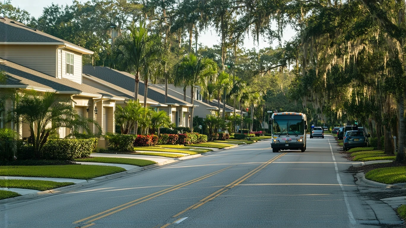A HART bus driving past single-family homes on a suburban street in Valrico, Florida