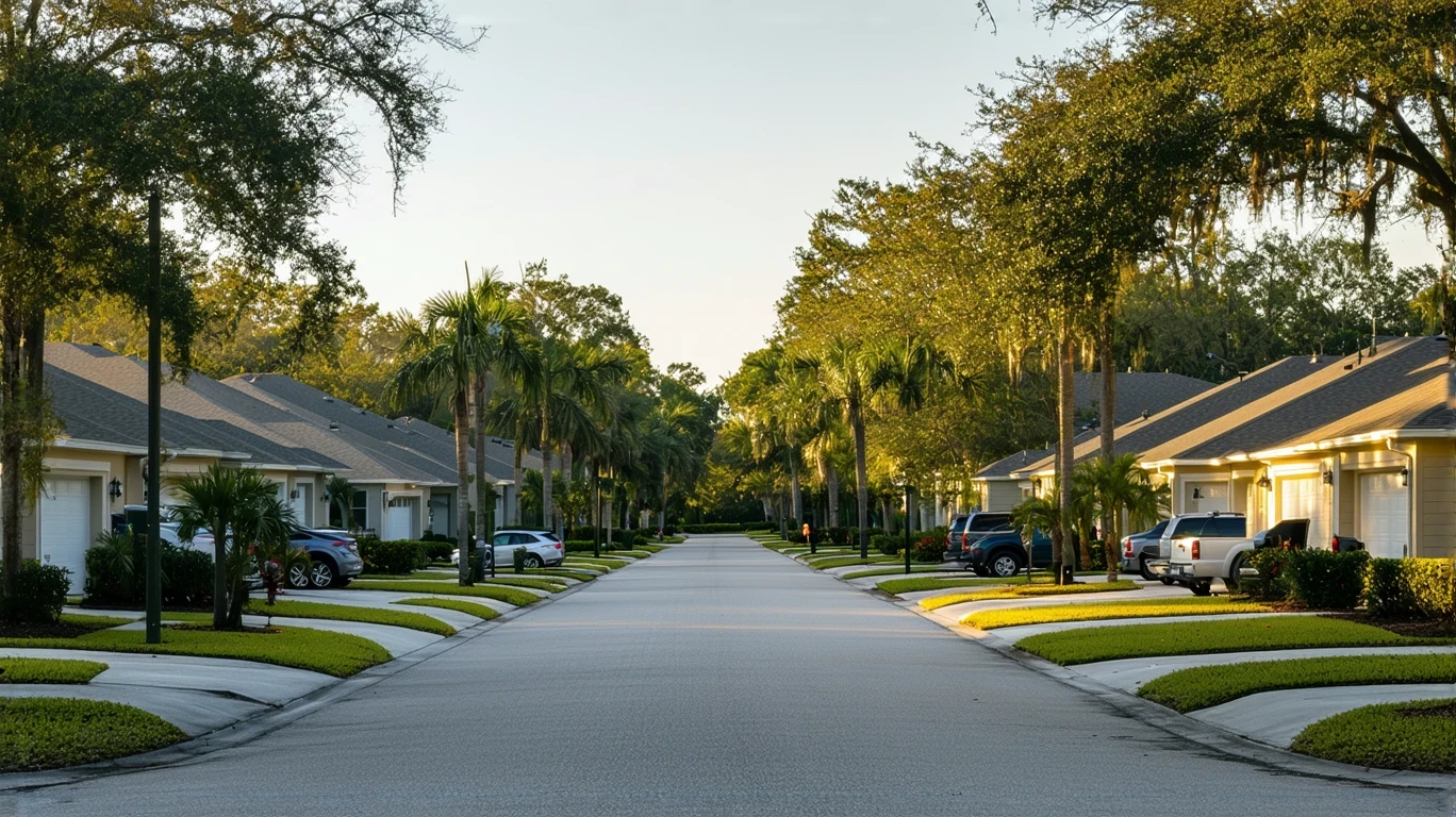 A sunny suburban street in Valrico, Florida lined with modest single-story stucco homes and palm trees.