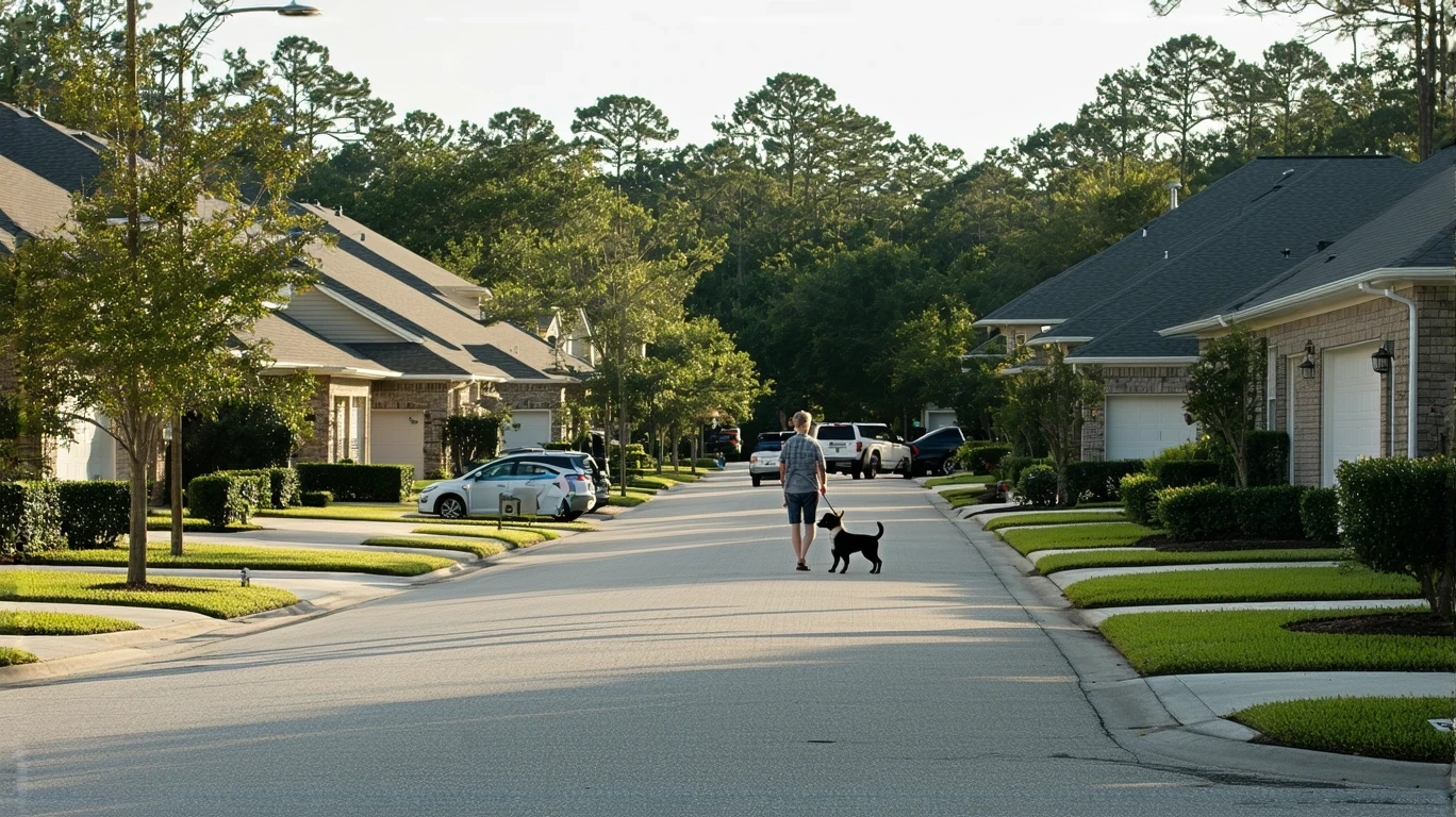 A sunny suburban street in Valrico, Florida with modest single-family homes and a person walking their dog on the sidewalk.