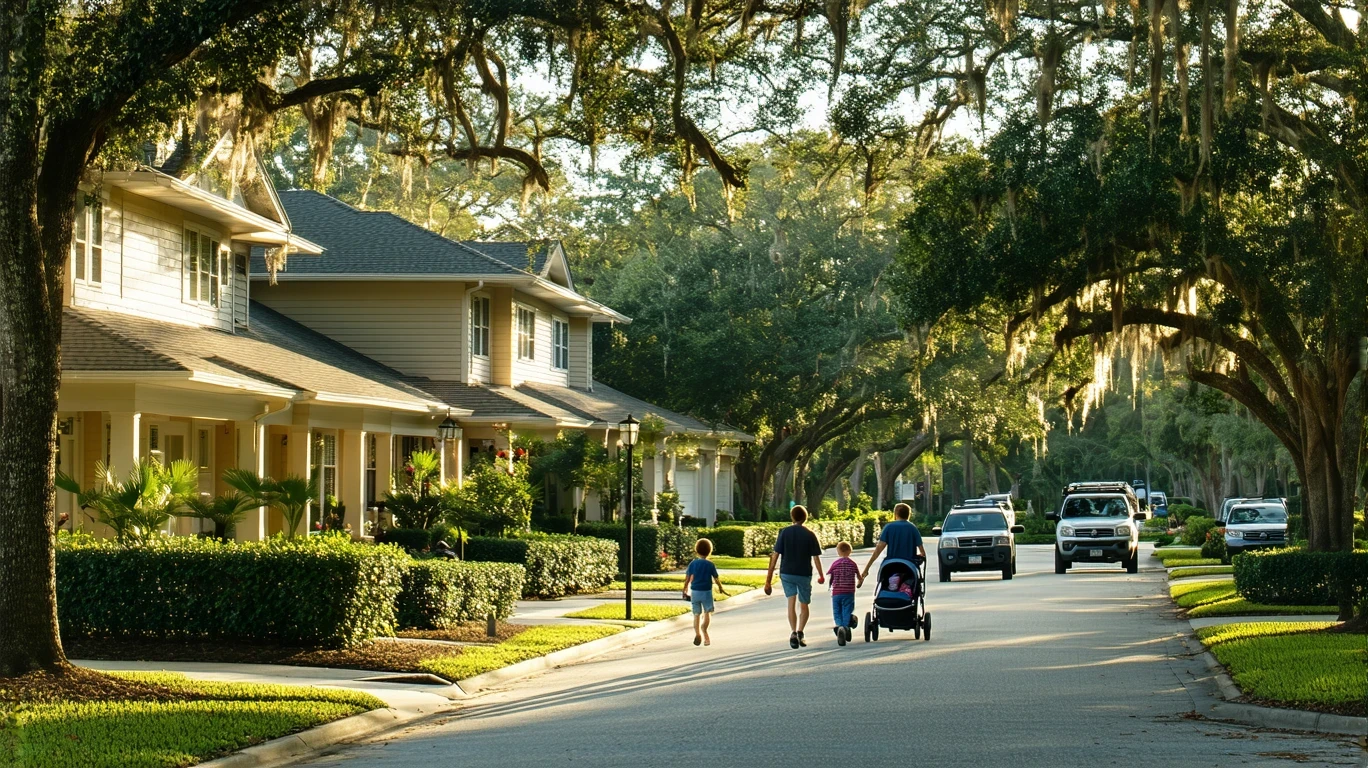 A sunny suburban street in Valrico, Florida lined with well-kept homes and a young family walking on the sidewalk.