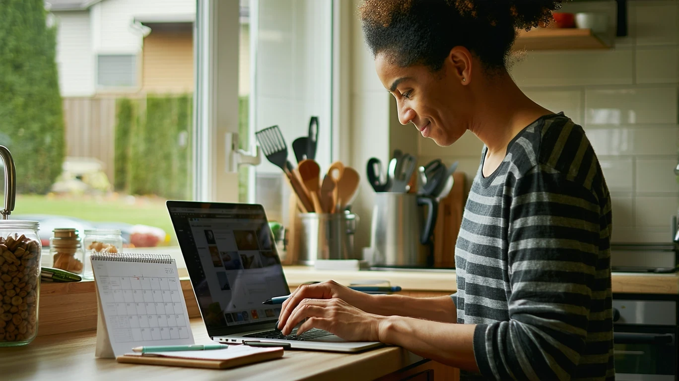 A single parent reviews their monthly budget on a laptop at their kitchen counter in Vancouver, WA.