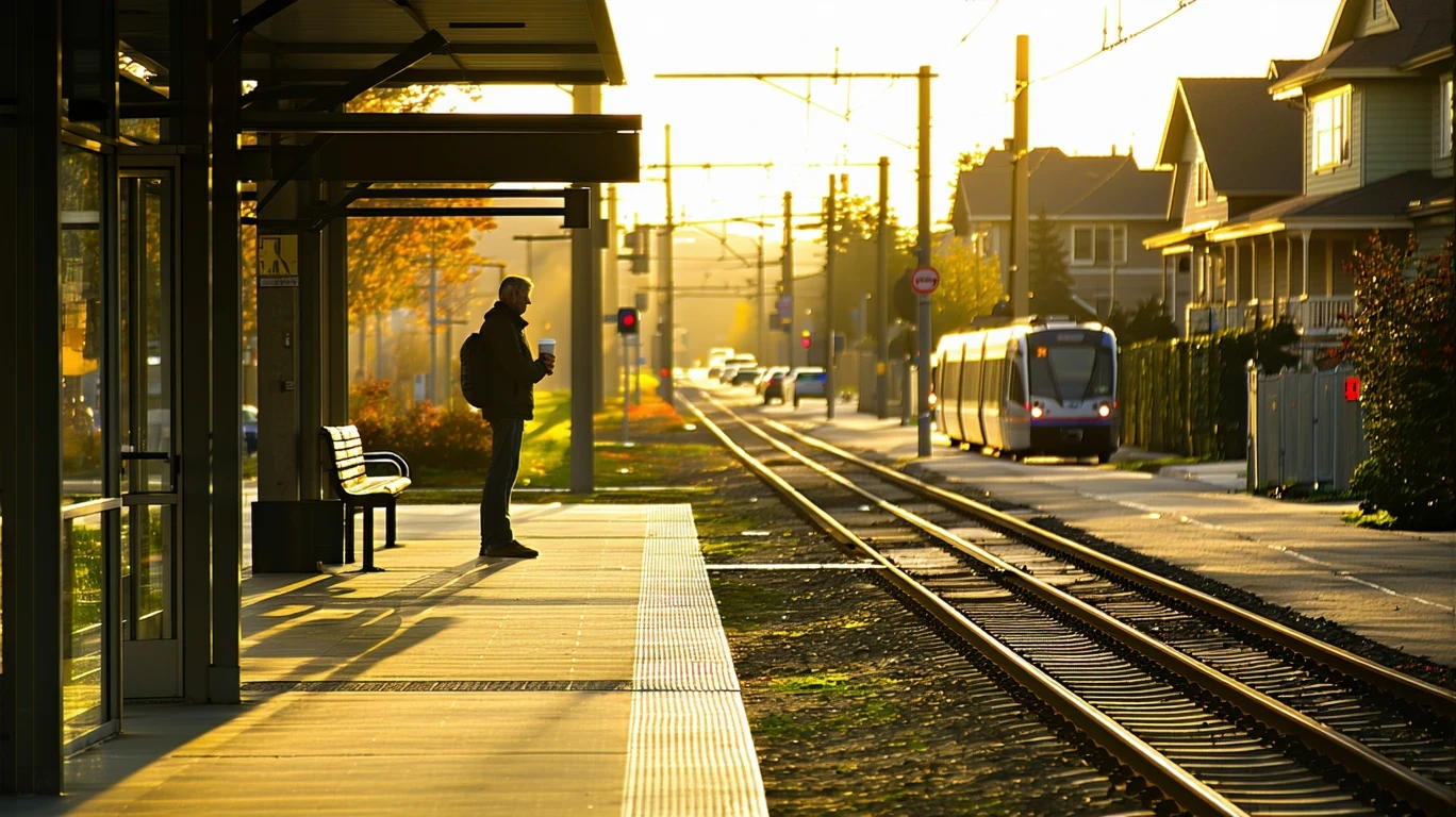 A commuter stands alone on a light rail platform at sunrise, holding a coffee.