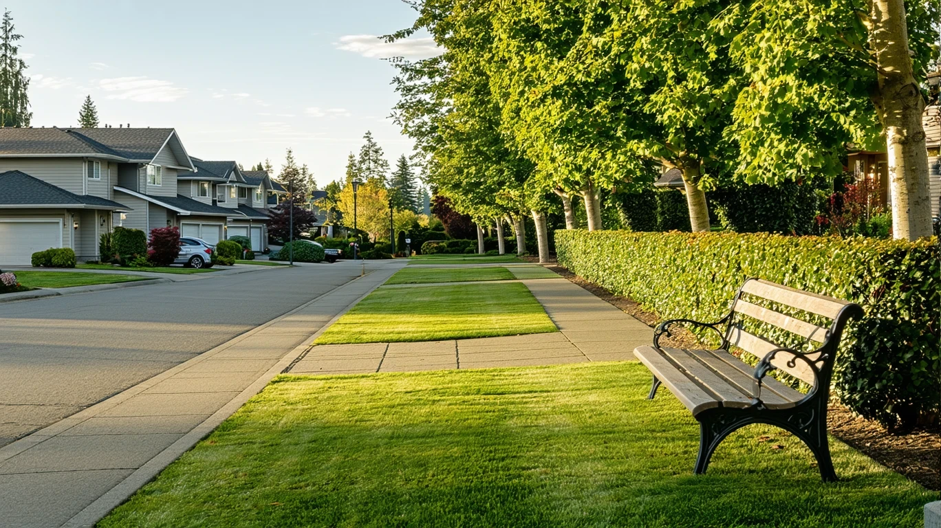 A view of a well-maintained neighborhood park in Vancouver, WA with a bench and walking path visible.