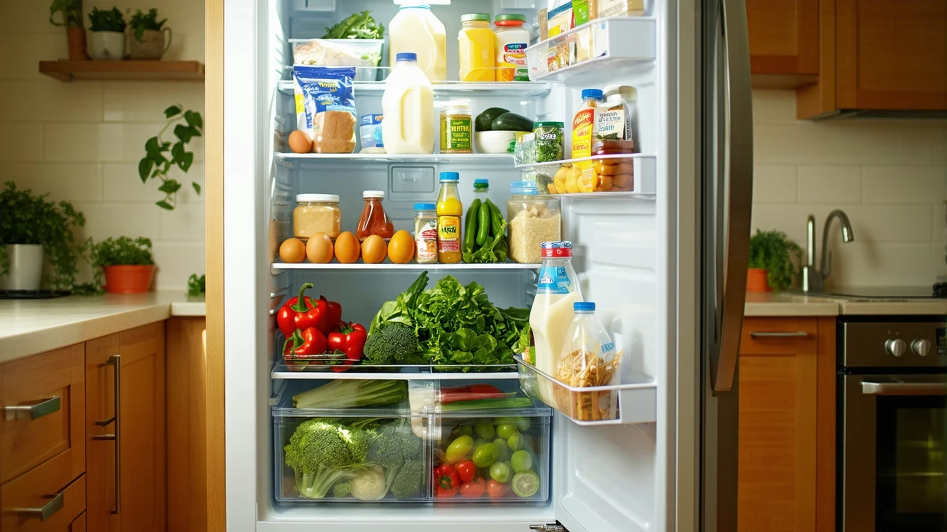 An open refrigerator stocked with groceries like milk, eggs, and produce in a residential Vancouver kitchen.
