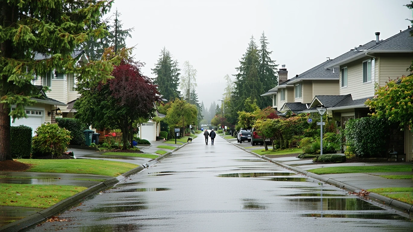 Broad avenue in Vancouver suburb on misty morning with wet street and sidewalk puddles reflecting palm trees.