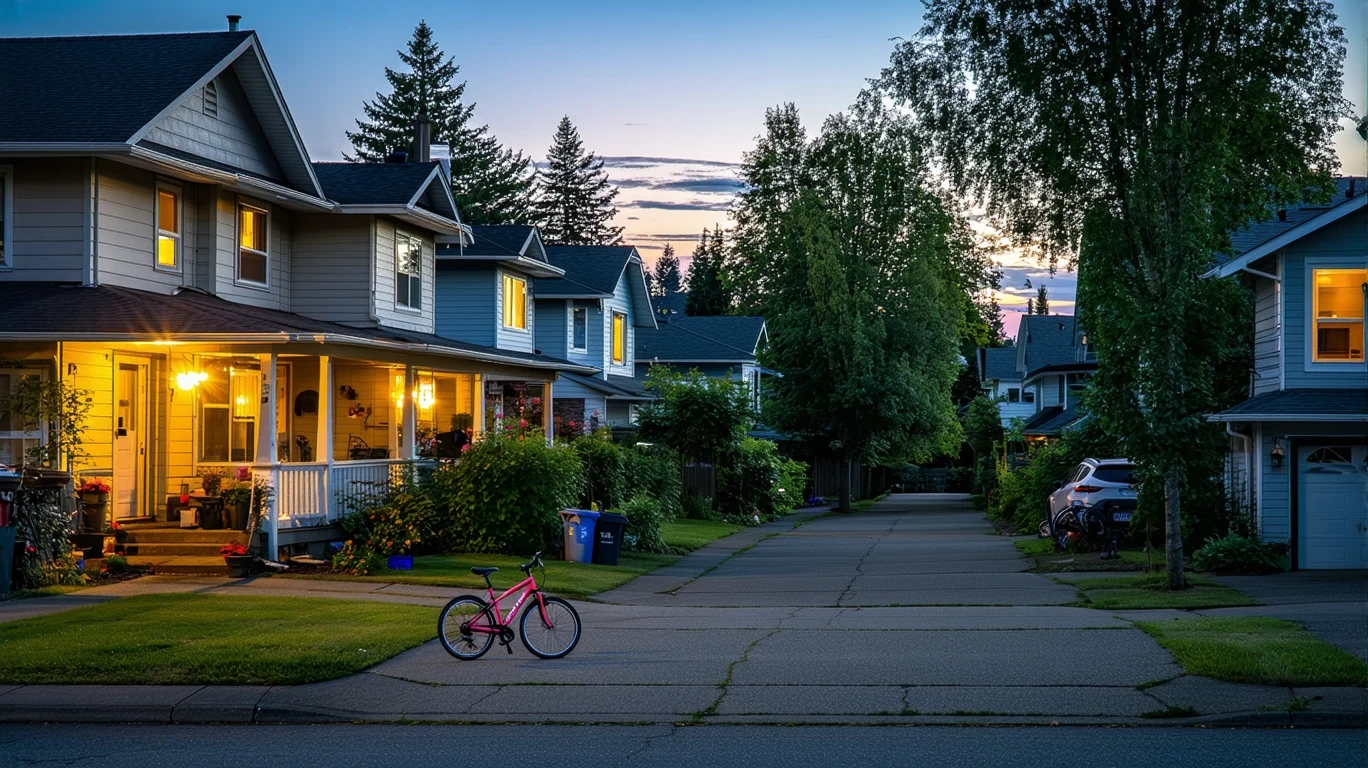A quiet cul-de-sac in Vancouver, WA at dusk, with porch lights illuminating neatly kept homes and a child's bicycle lying near the curb.