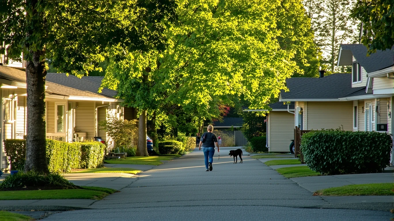 A tree-lined residential street in Vancouver, WA with one-story homes and a person walking their dog in the distance.