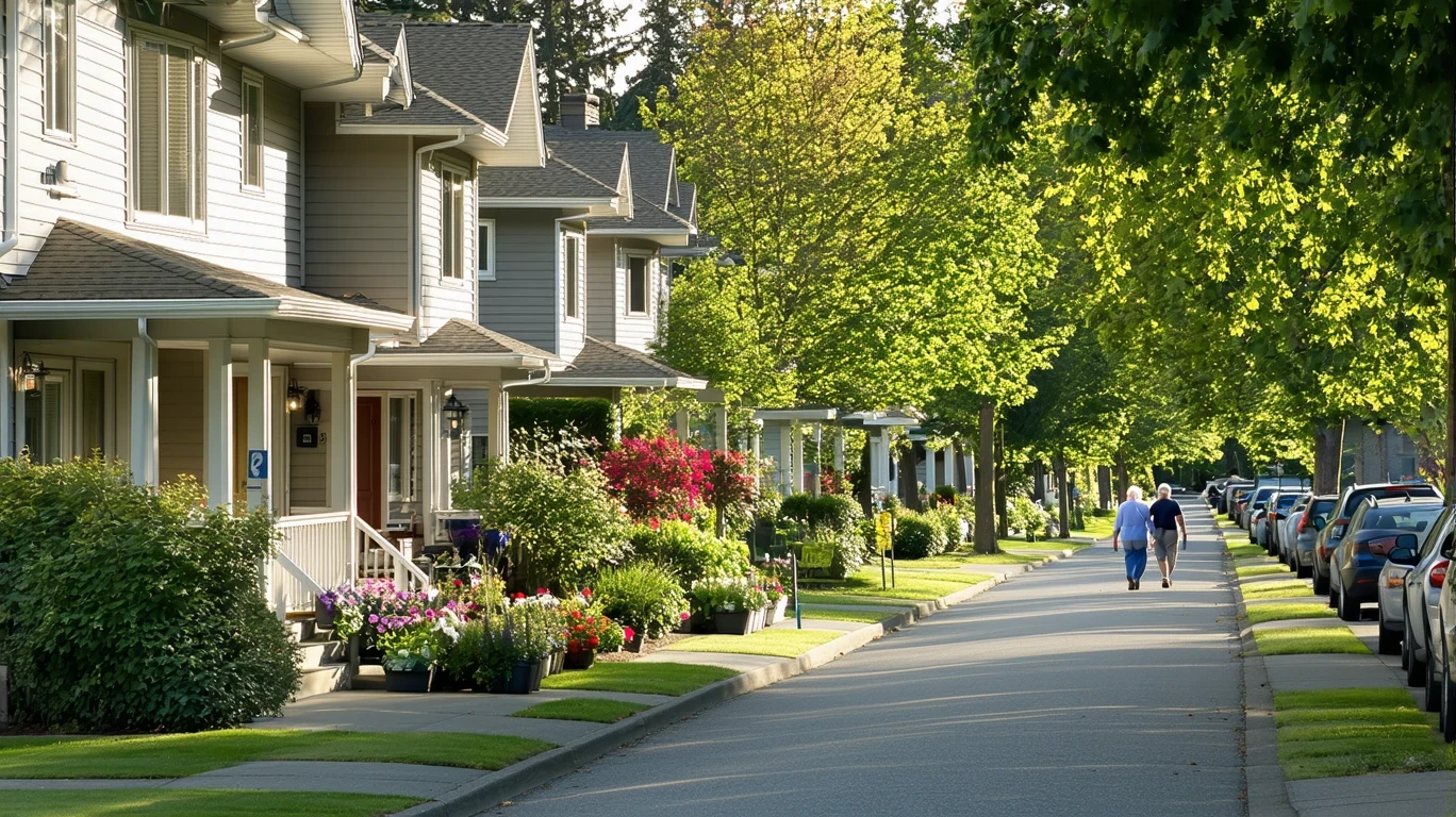 Tree-lined residential street in Vancouver, WA with older couple walking on sidewalk past well-maintained homes.