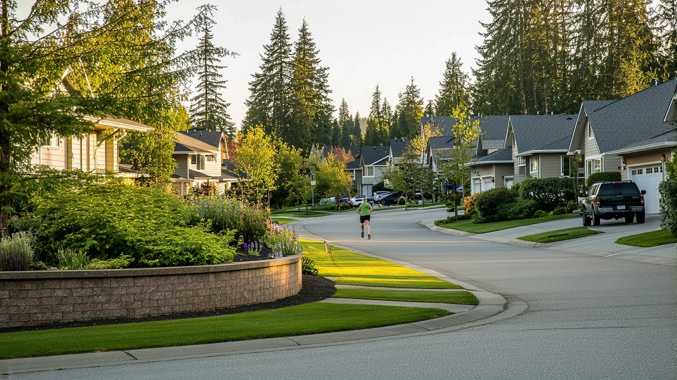 Suburban cul-de-sac in Vancouver, WA with homes, native plants, and one jogger in morning light.