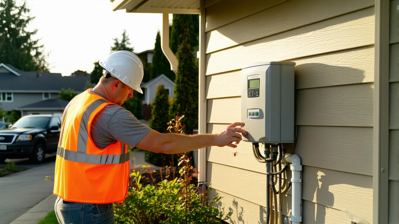 A utility worker inspects an electric meter on a suburban home in Vancouver, Washington on a partly cloudy day.