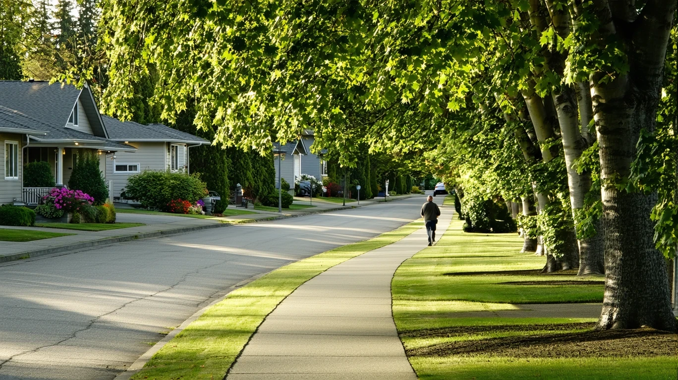 Tree-lined sidewalk curving through a tidy Vancouver, WA neighborhood, sunlight filtering through leaves, pedestrian in distance.