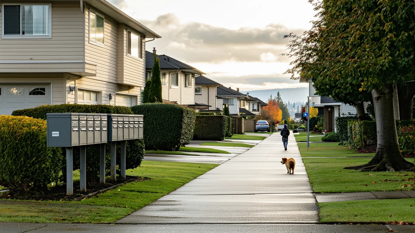 A suburban neighborhood street in Vancouver, Washington on a cloudy day, with a curved sidewalk, mailboxes, and a person walking a dog in the distance.