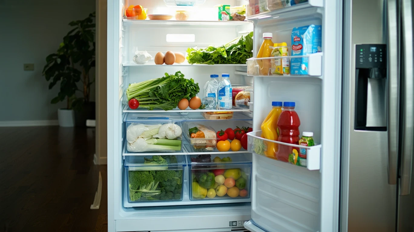 An open refrigerator stocked with groceries in a suburban home.