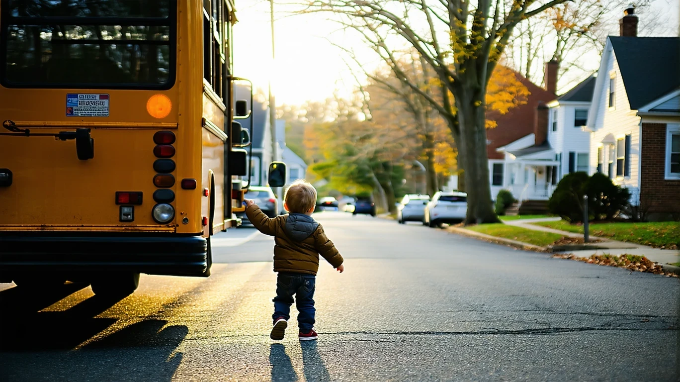 A parent and child boarding a bus together on a residential street.