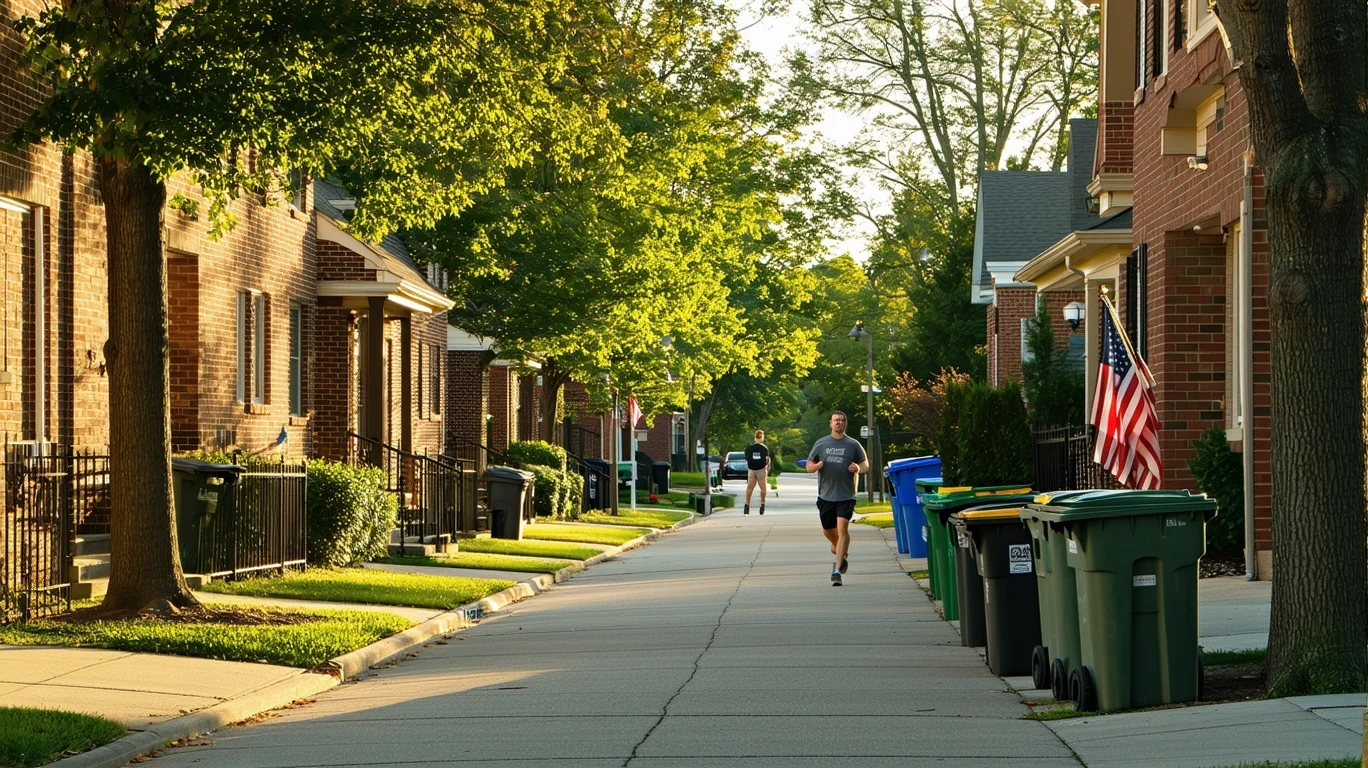 A sunny residential street in West Chester, Ohio lined with red-brick homes and trees. Trash bins by the curb and a jogger in the distance.