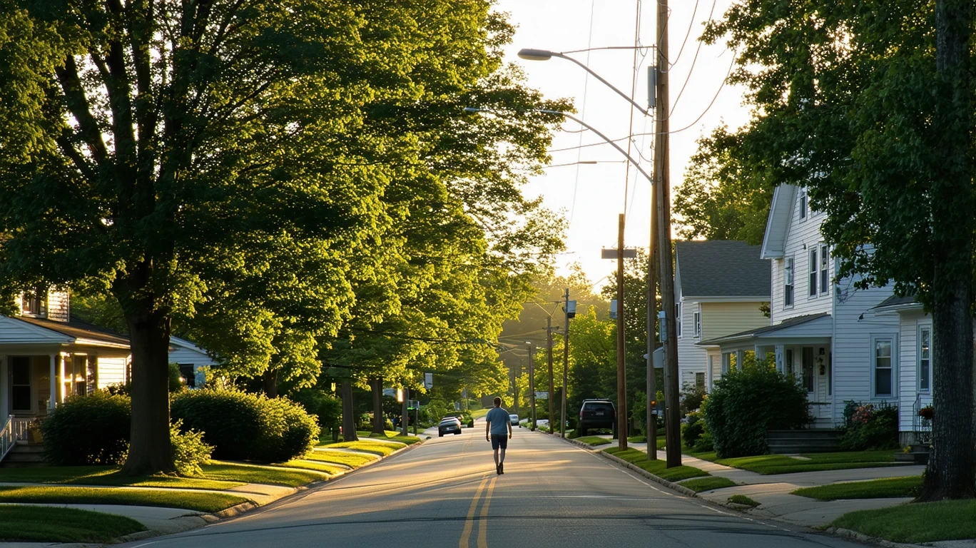 A quiet, tree-lined suburban street in West Chester, OH on a sunny afternoon.