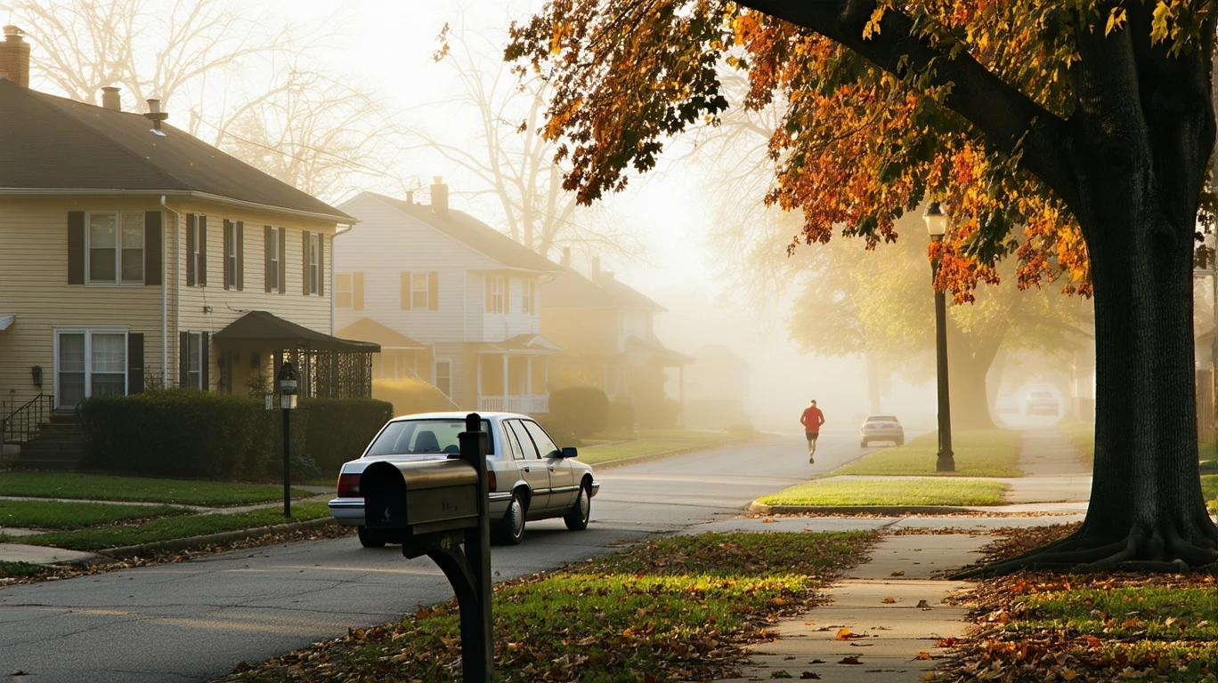 A foggy fall morning on a residential street in West Chester, Ohio with an older car parked under a maple tree.