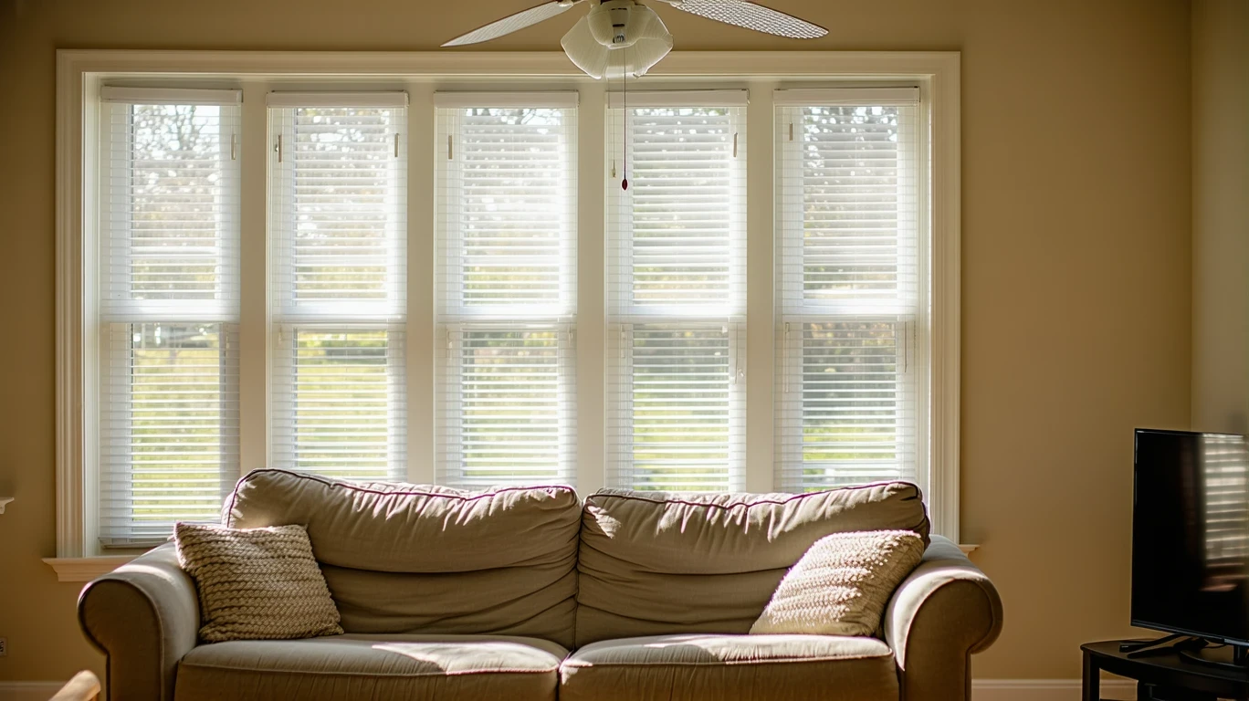 A person's hand tilting blinds in a sunny living room with a ceiling fan.