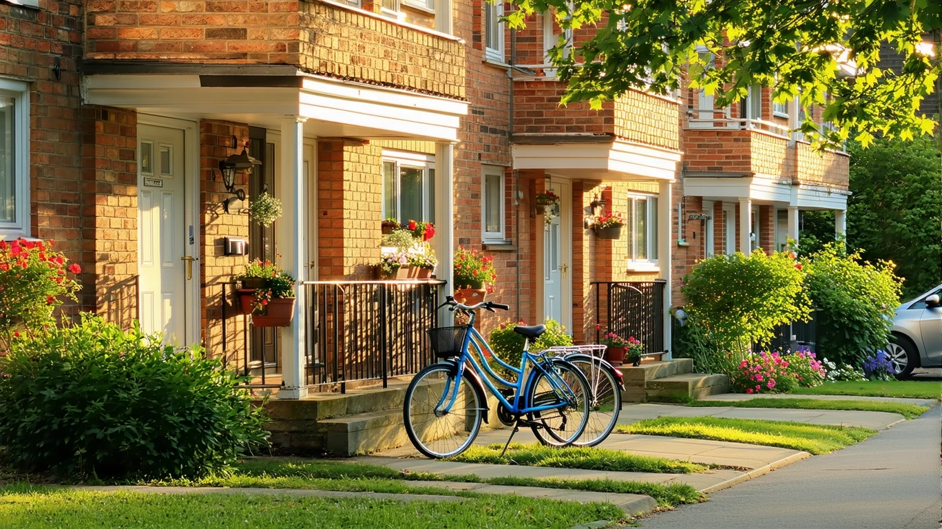 Exterior view of a small red brick apartment building with bicycles and plants on a sunny day in West Chester, Ohio.