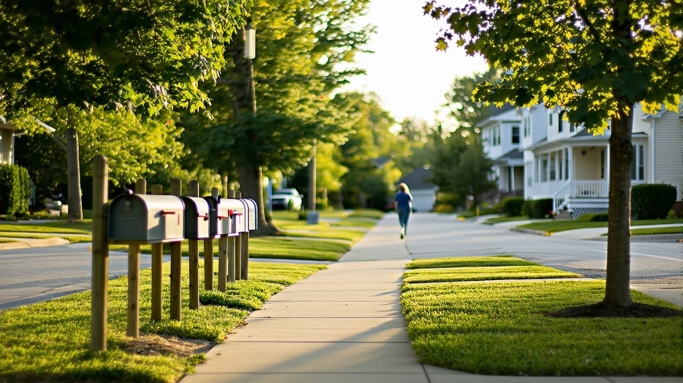 A sunny suburban street in West Chester with mailboxes lining a sidewalk.