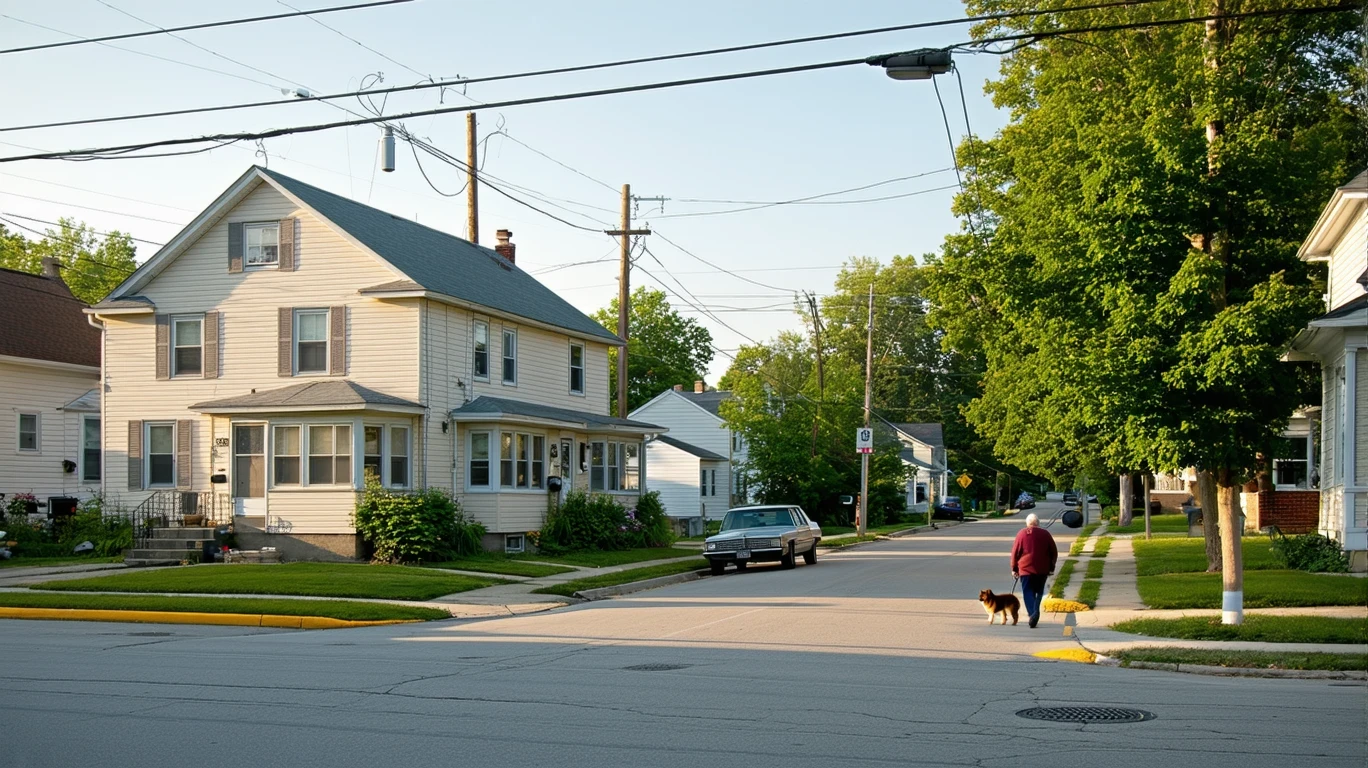 A suburban street corner in West Chester, Ohio with small single-story homes, an older parked car, and a person walking a dog in the distance on a sunny day.