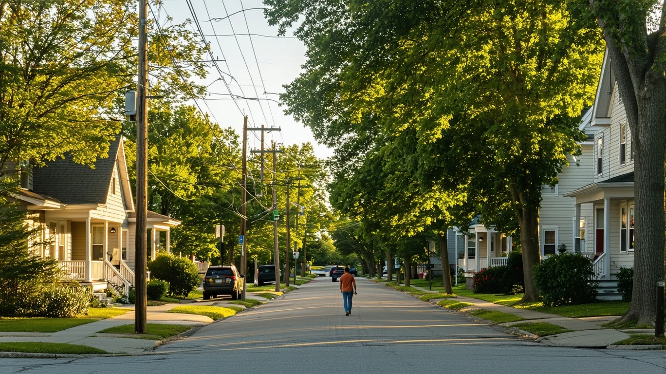 A tree-lined street in West Chester, Ohio, with sunlight filtering through maple leaves and a pedestrian walking on the sidewalk.