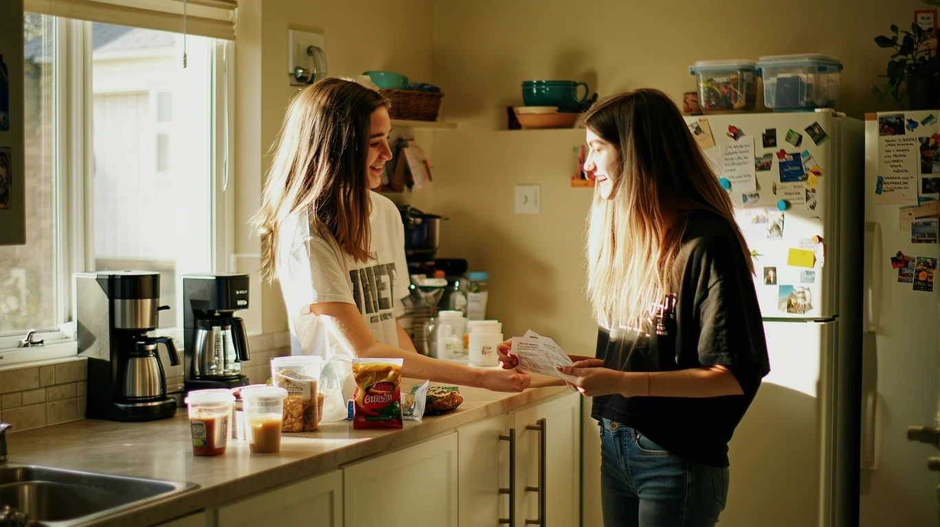 Two young women roommates reviewing expenses in their apartment kitchen.