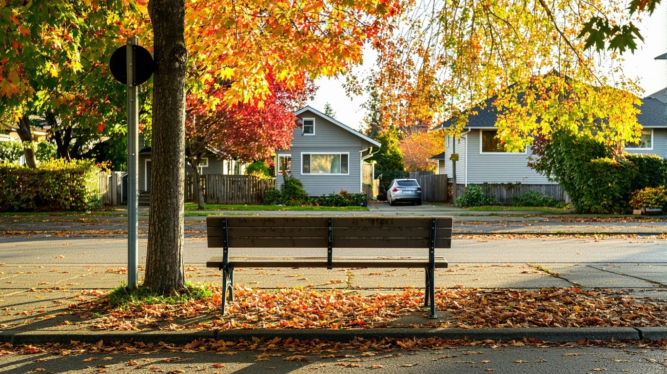 A vacant wooden bench at a bus stop on a leafy suburban street in autumn.