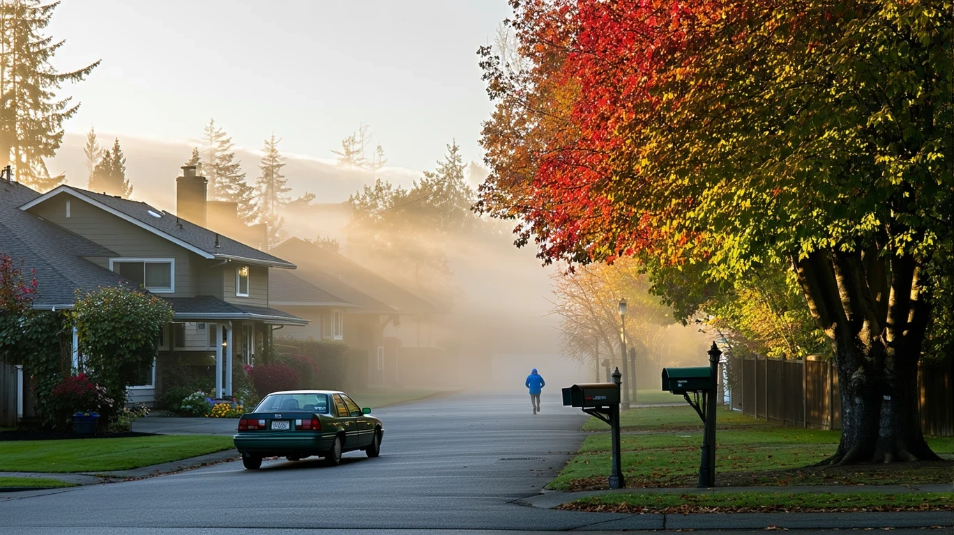 A foggy morning street in a suburban neighborhood with houses, trees, and a parked car.