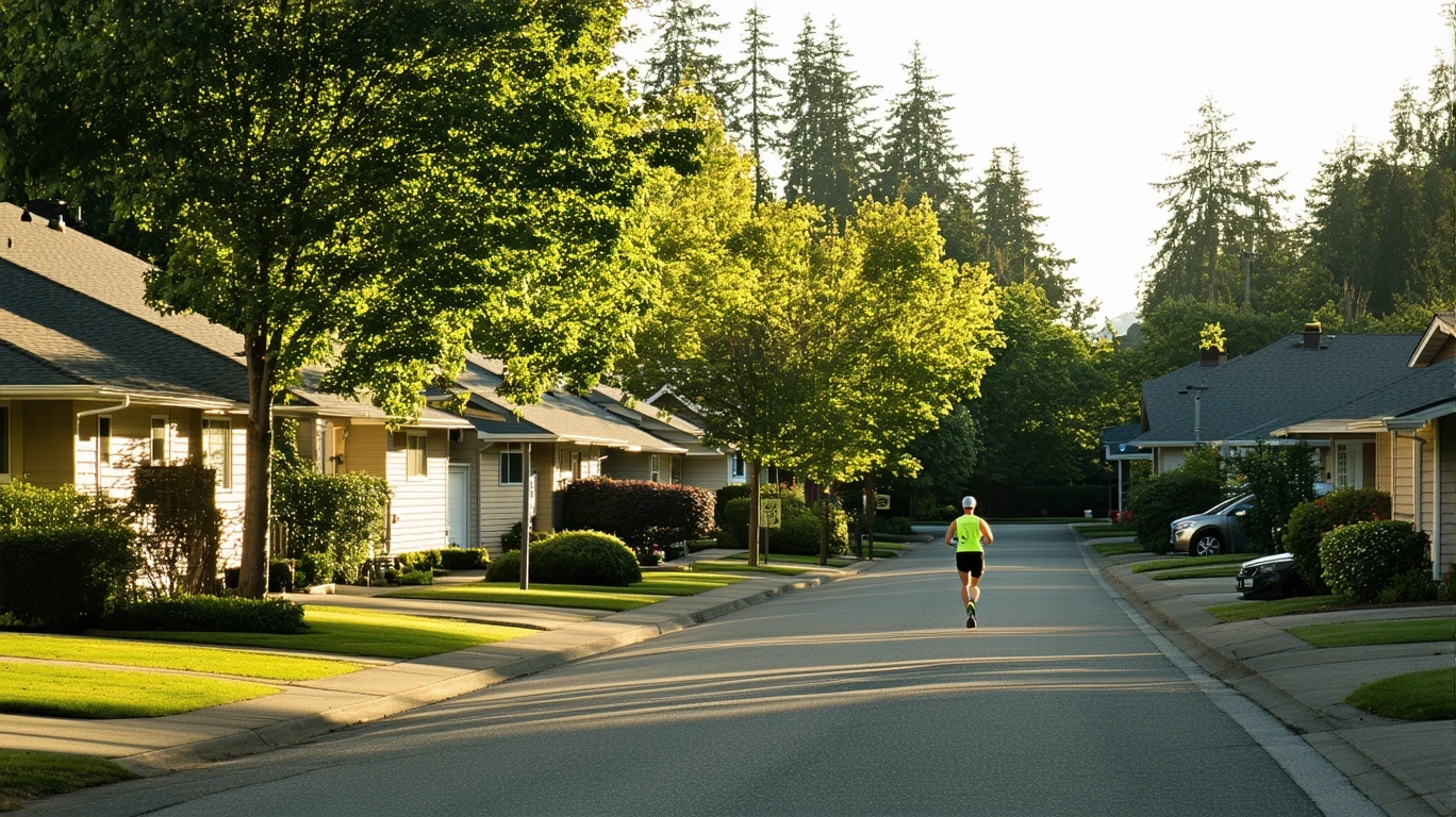Quiet residential street in West Linn, Oregon at sunrise with modest one-story homes and leafy trees casting long shadows.