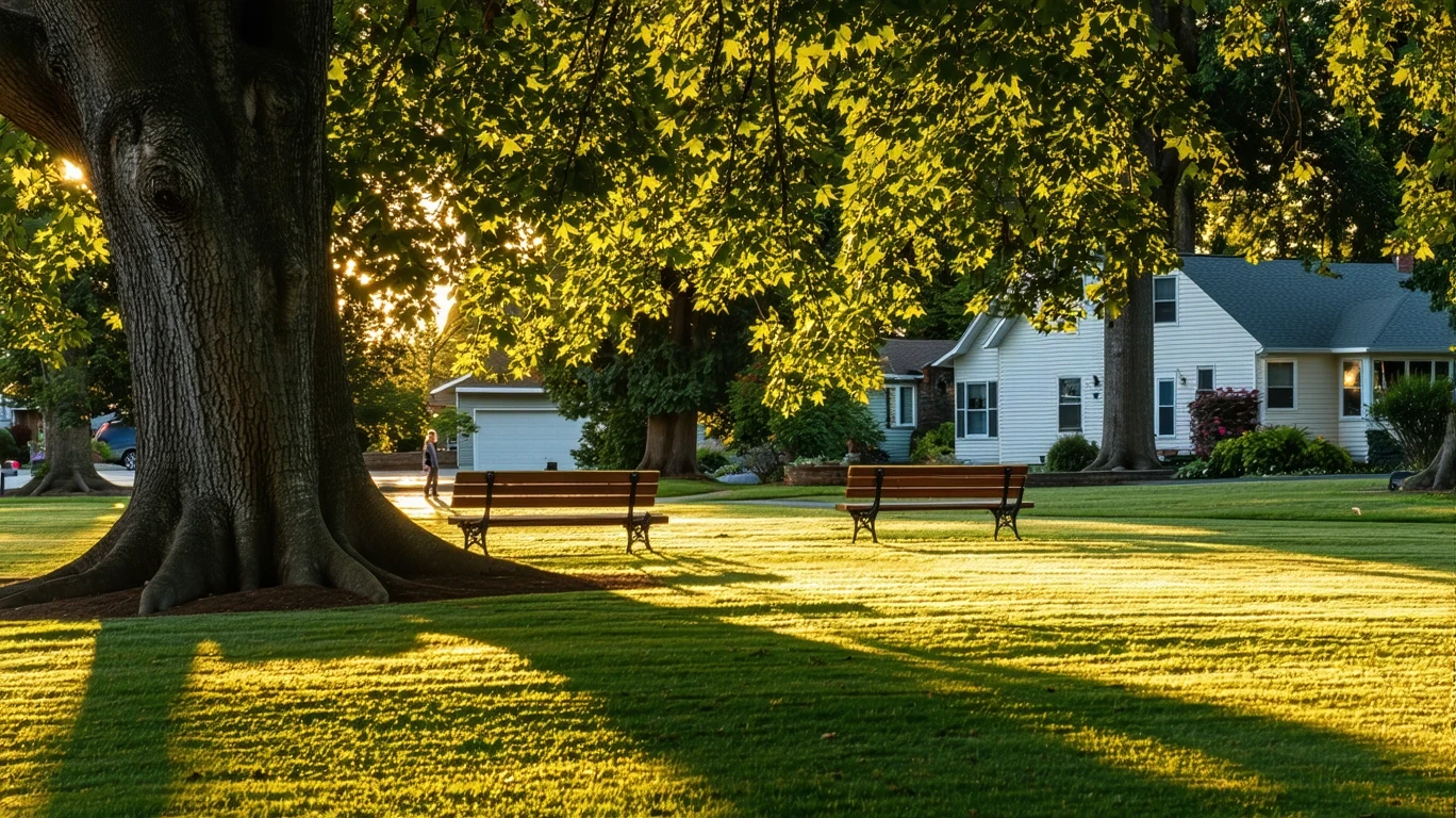 A peaceful park lawn with empty benches beneath oak trees in West Linn, Oregon at sunset.