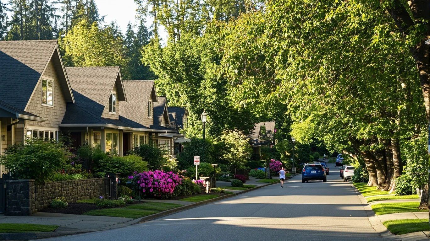 Tree-lined cul-de-sac in West Linn, Oregon with craftsman-style homes and native plants in morning light.