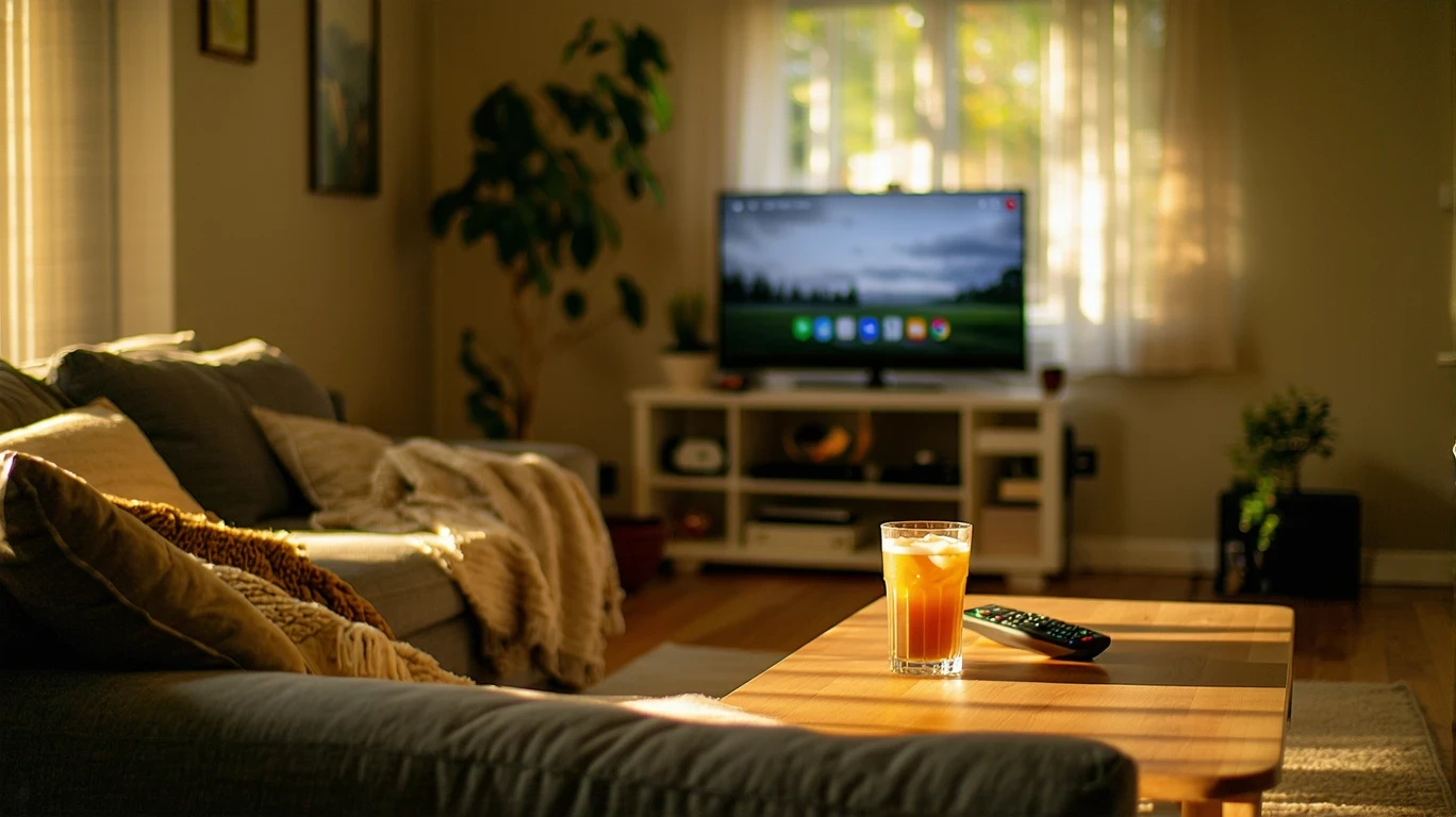 A living room with a TV showing a streaming app interface, a couch, and an end table.