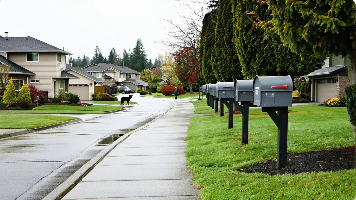 A residential sidewalk curving past mailboxes with homes visible on a gray, wet day in West Linn, Oregon.
