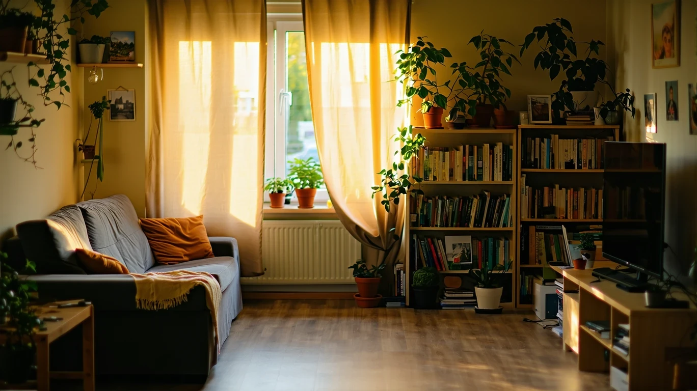 A small, inviting living room with a couch, bookshelf, and sheer curtains letting in soft light.