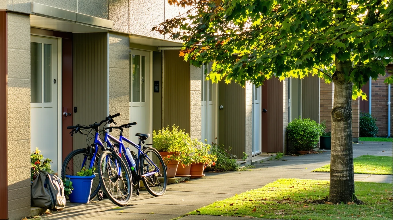 Apartment doorways with potted plants and bicycles, shaded by a large tree in the foreground.