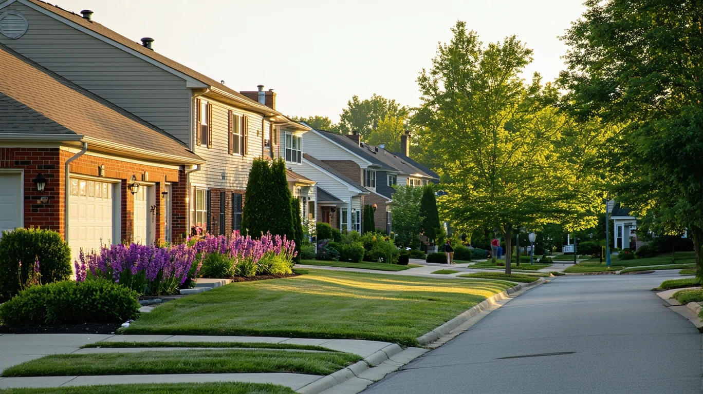 A quiet suburban cul-de-sac in morning light, with tidy homes, native plants, and a brick border wall.