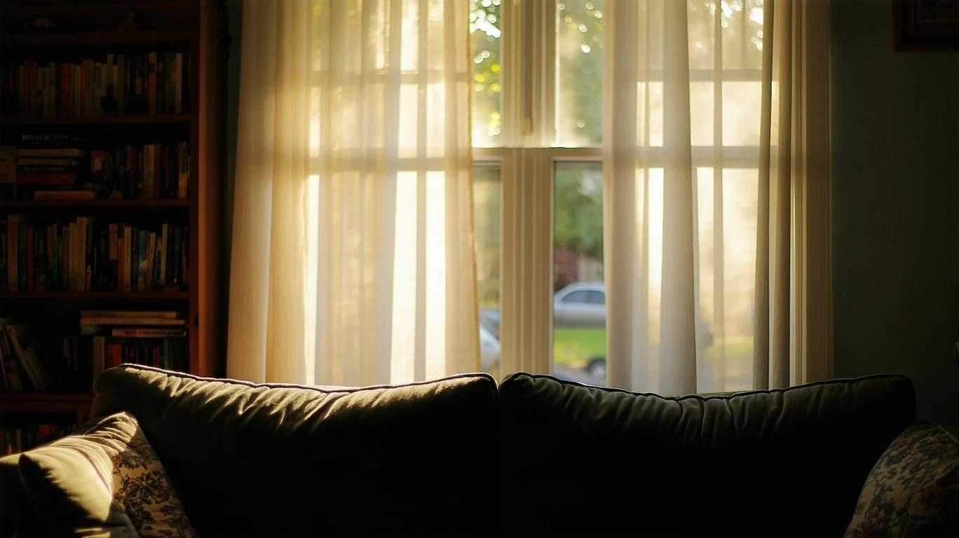 Soft light illuminates a cozy living room with a couch and bookshelf visible through sheer curtains.