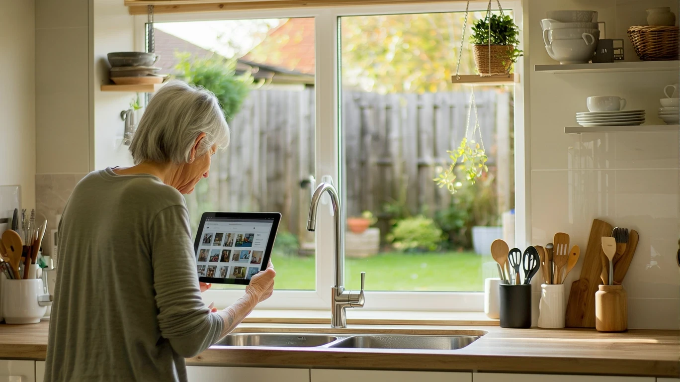 Person looking at streaming service prices on a tablet in a suburban kitchen.