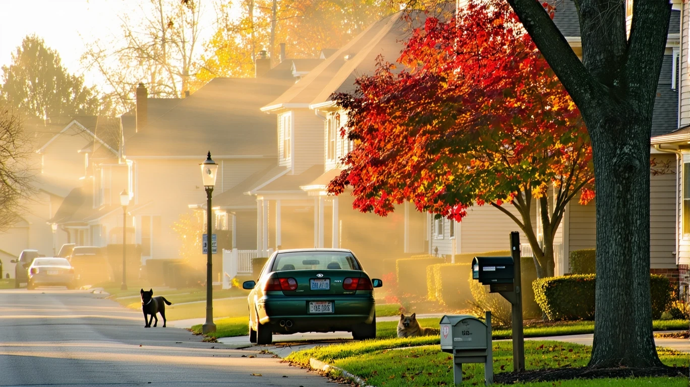 A misty morning street in Westerville with houses, fall trees, and a parked car.