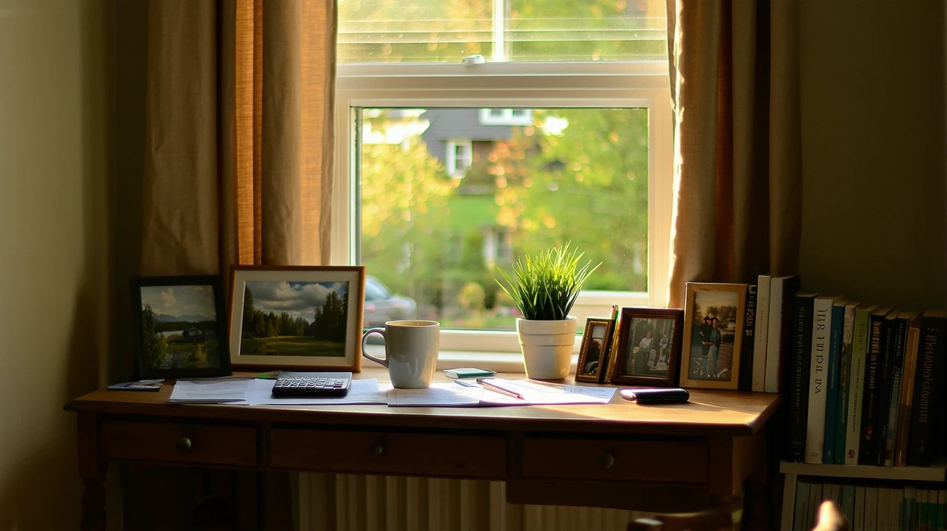 A home office desk by a window with bills, a calculator, and a coffee mug.