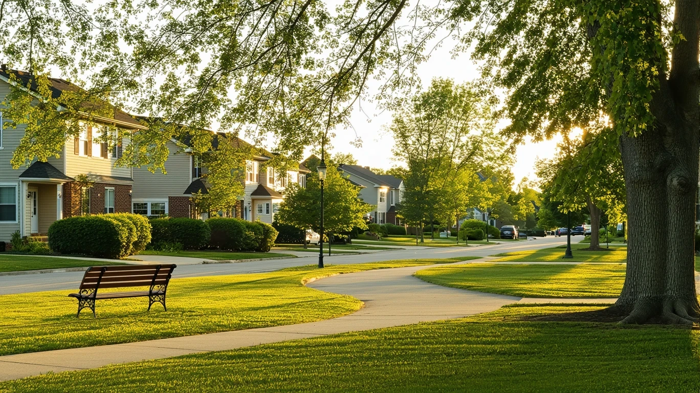 A view of a grassy neighborhood park with a path, bench, and homes visible across a residential street in Westerville, OH.
