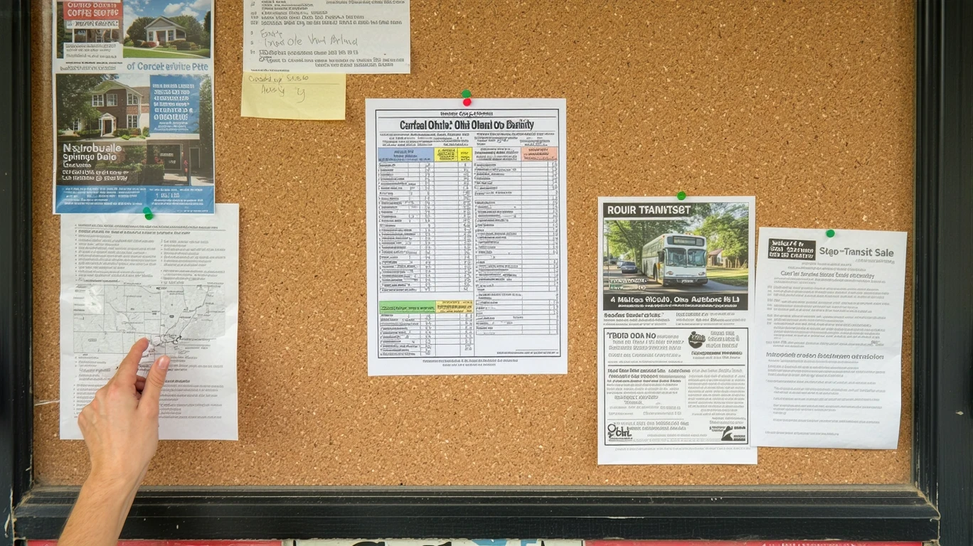 A community corkboard filled with event flyers and a bus schedule posted on a brick wall.