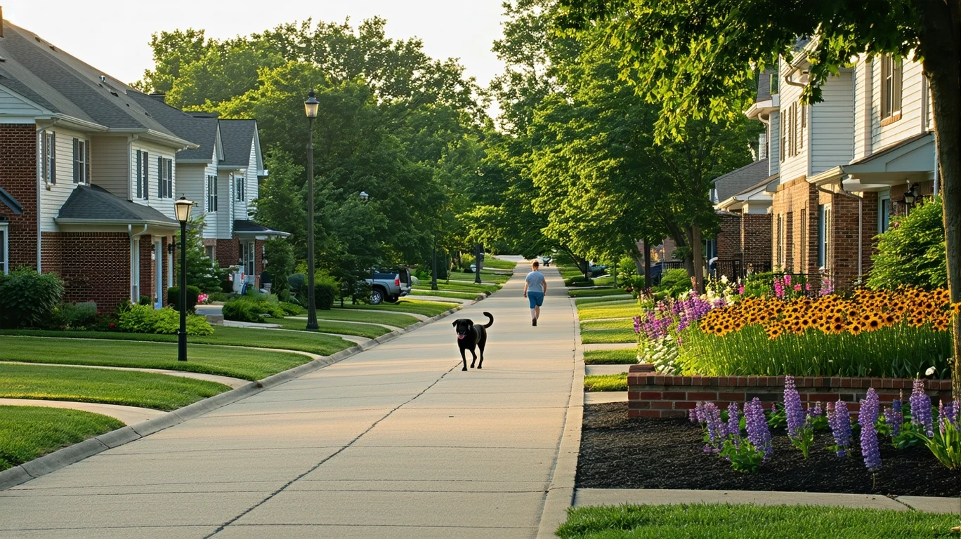Suburban cul-de-sac in Westerville, Ohio with brick wall, flowers, and dog-walker.