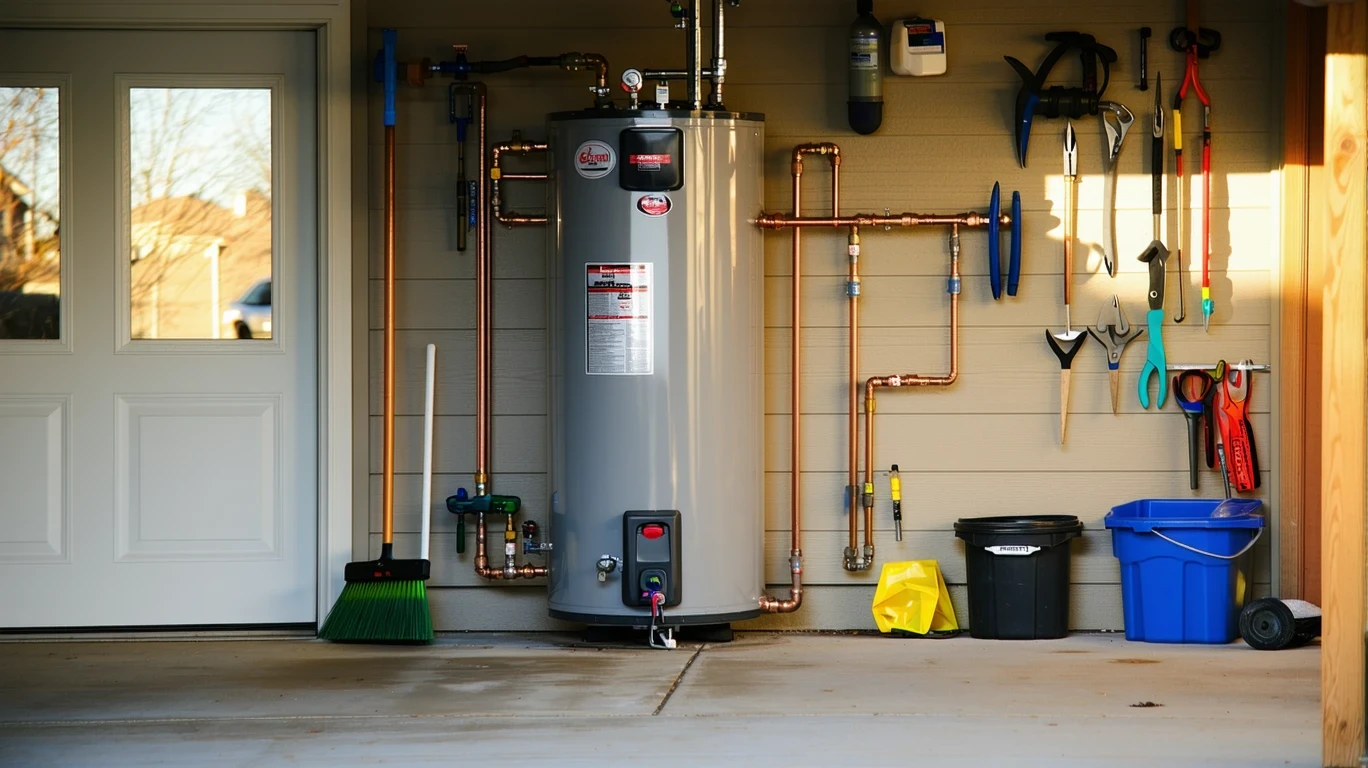 A tidy garage corner with a water heater, arranged pipes, and cleaning supplies.